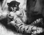  anthro areola breasts chanrom fangs feline female looking_at_viewer mammal monochrome nipples nude open_mouth smile solo teeth tiger 