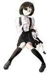  ahoge bandages black_hair black_legwear black_skirt collared_shirt derivative_work doll doll_joints eyepatch full_body head_tilt kneehighs knees_together_feet_apart photo-referenced shirt shoes short_hair simple_background sitting skirt solo string tsukino_hp white_background white_shirt yellow_eyes 