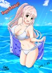  bikini breasts cleavage eyebrows green_eyes happy_birthday idolmaster idolmaster_cinderella_girls large_breasts long_hair open_mouth ouse_riruka pink_hair ponytail saionji_kotoka solo swimsuit thick_eyebrows 