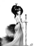  anthro bear chanrom clothed clothing dress eyewear female glasses invalid_tag looking_at_viewer mammal melee_weapon monochrome panda simple_background solo standing sword weapon white_background 