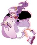  book bow cloak crescent drop_shadow expressionless foreshortening frills full_body hair_bow hat long_hair looking_at_viewer mob_cap moon_(ornament) namataro pajamas patchouli_knowledge purple_eyes purple_hair shadow shoe_bow shoes solo striped touhou white_background 
