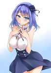  bad_id bad_pixiv_id bare_shoulders blue_eyes blue_hair blush breast_squeeze breasts covered_nipples dagashi_kashi flower hair_flower hair_ornament hairband hands_on_own_chest high-waist_skirt large_breasts looking_at_viewer no_legwear ribbon ringed_eyes shidare_hotaru short_hair skirt smile solo yostxxx 