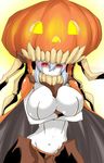  alternate_headwear aoiakira553 bodysuit breast_hold breasts cape covered_navel expressionless glowing glowing_eyes halloween halloween_costume headgear huge_breasts jack-o'-lantern kantai_collection long_hair looking_at_viewer pale_skin red_eyes shinkaisei-kan silver_hair solo teeth tentacles white_skin wo-class_aircraft_carrier 