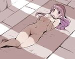  blush breasts covering covering_breasts heart heart-shaped_pupils kubocha long_hair lying medium_breasts nude on_back open_mouth original purple_hair solo sweat symbol-shaped_pupils 