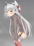  amatsukaze_(kantai_collection) blush brown_eyes garter_straps hair_tubes hairband highres kantai_collection long_hair looking_at_viewer nedia_(nedia_region) scarf silver_hair snowing solo thighhighs two_side_up visible_air 