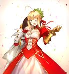  :d ahoge blonde_hair epaulettes fate/extra fate/grand_order fate_(series) fingerless_gloves fuyuki_(neigedhiver) gauntlets gloves green_eyes highres nero_claudius_(fate) nero_claudius_(fate)_(all) one_eye_closed open_mouth panties puffy_sleeves see-through simple_background smile solo underwear white_background wreath 