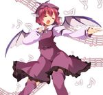  beamed_eighth_notes bird_wings blush closed_eyes dress eighth_note hasebe_yuusaku hat head_wings long_sleeves mob_cap music musical_note mystia_lorelei open_mouth outstretched_arm pink_hair puffy_sleeves purple_legwear quarter_note short_hair singing smile solo thighhighs touhou white_background wings 
