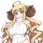  ahoge anila_(granblue_fantasy) blonde_hair blush breasts brown_eyes chan_co draph eyebrows granblue_fantasy horns large_breasts long_hair looking_at_viewer ribbed_sweater sheep_horns short_eyebrows simple_background smile solo sweater upper_body white_background 