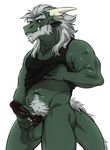  anthro balls beard black_penis clothed clothing dragon erection eye_scar eyebrows facial_hair facial_scar fangs fur genitals green_body hair hairy horn humanoid_genitalia humanoid_penis long_hair looking_at_viewer male muscular muscular_anthro muscular_male mythological_creature mythological_scalie mythology navel pecs penis pubes red_eyes rossciaco scalie scar simple_background smile solo standing tail teeth white_background white_body white_eyebrows white_fur white_hair white_horn white_pubes 
