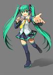  detached_sleeves green_eyes green_hair hatsune_miku headphones headset long_hair microphone music necktie outstretched_hand segamark singing skirt solo thighhighs twintails very_long_hair vocaloid 