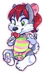  baby bow candy canine cub dog female food green_eyes hair hindpaw husky kammypup kammypup_(artist) lollipop mammal onesie pawpads paws red_hair solo young 