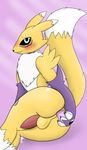  anal anal_penetration balls big_thighs black_sclera blue_eyes blush butt canine cum digimon dildo erection fox fur looking_at_viewer male mammal nude pandashorts penetration penis renamon sex_toy simple_background solo white_fur 