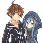  1girl blue_eyes brown_hair effole_(fairy_fencer_f) fairy_fencer_f fang_(fairy_fencer_f) gloves himajin_(starmine) hood hoodie long_hair red_eyes short_hair sketch skirt 