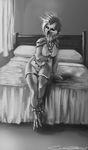  anthro areola avian bed bird breasts chanrom falcon female inside jewelry looking_at_viewer monochrome navel necklace nipples pillow pussy solo talons 