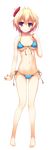  absurdres bare_legs bare_shoulders bikini blonde_hair blush brown_eyes flower front-tie_top full_body hair_flower hair_ornament hand_on_own_chest highres looking_at_viewer navel non-web_source nozomi_(reminiscence) panties reminiscence side-tie_bikini side-tie_panties smile solo strap_gap swimsuit tomose_shunsaku transparent_background underwear 