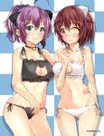  animal_ears aoba_(kantai_collection) arm_around_waist ass_visible_through_thighs bell bell_collar black_bra black_panties blue_eyes blush bra breasts brown_hair cat_cutout cat_ear_panties cat_ears cat_lingerie cleavage cleavage_cutout collar collarbone embarrassed furutaka_(kantai_collection) heterochromia high_ponytail jingle_bell kantai_collection looking_at_viewer medium_breasts meme_attire multiple_girls navel open_mouth panties ponytail purple_hair red_eyes sawamura_aoi short_hair side-tie_panties sweat twitter_username underwear underwear_only white_bra white_panties yellow_eyes 