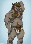  armpits bulge clothed clothing hairy horn looking_at_viewer male mammal manly muscular nipples penis pubes rhinoceros rossciaco slightly_chubby solo tongue tongue_out underwear 