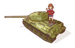  borisx brown_hair green_eyes ground_vehicle highres military military_vehicle motor_vehicle school_uniform short_hair solo standing t-34 tank 
