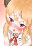  blonde_hair blush bow commentary_request cum cum_on_hair facial hair_bow horns ibuki_suika long_hair looking_at_viewer nishiuri open_mouth pointy_ears red_eyes simple_background sleeveless solo touhou upper_body 