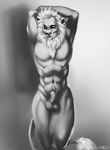  abs anthro arms_above_head balls chanrom erection feline humanoid_penis invalid_tag lion male mammal monochrome navel nude penis simple_background smile solo three-quarter_portrait 