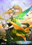  blonde_hair bracelet breasts cleavage cleavage_cutout corset earrings floating_rock green_wings hair_ornament highres jewelry kang_kang_zi large_breasts leafa lips long_hair looking_at_viewer moon parted_lips petals pointy_ears ponytail puffy_sleeves scabbard sheath sky solo sword sword_art_online unsheathing weapon wings 