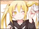  :&gt; alternate_hairstyle black_serafuku blonde_hair blush gloves hair_tie kantai_collection long_hair long_sleeves one_eye_closed satsuki_(kantai_collection) school_uniform serafuku solo_focus suka twintails twitter_username white_gloves yellow_eyes 