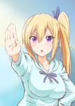  blonde_hair diesel-turbo kawakami_mai long_hair mole mole_under_eye musaigen_no_phantom_world official_style outstretched_hand purple_eyes side_ponytail solo 