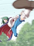  antennae bad_id bad_twitter_id cape d@i full_body genderswap genderswap_(ftm) green_eyes green_hair highres kicking long_sleeves male_focus nature open_mouth pants shirt shoes sky socks solo touhou tree white_legwear wriggle_nightbug 