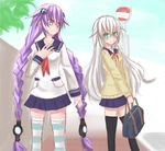  black_heart blue_eyes braid breasts hair_ornament himajin_(starmine) long_hair multiple_girls neptune_(choujigen_game_neptune) neptune_(series) noire purple_hair purple_heart school_uniform striped striped_legwear symbol-shaped_pupils thighhighs twin_braids very_long_hair white_hair 