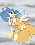  anthro anus blue_eyes blue_hair butt canine female fox hair hindpaw malachyte mammal multiple_tails open_mouth paws pussy solo 