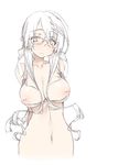  arms_behind_back bra breasts collarbone glasses highres large_breasts long_hair looking_to_the_side mole mole_under_mouth navel nipples original sakuya_tsuitachi shelf_bra simple_background sketch solo underwear white_background 
