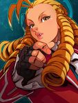  antenna_hair blonde_hair brown_eyes edwin_huang fingerless_gloves forehead gloves hair_pulled_back kanzuki_karin lips long_hair ringlets solo street_fighter street_fighter_v 