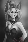  anthro canine chanrom clothed clothing female fox half-closed_eyes looking_at_viewer mammal monochrome simple_background smile solo 