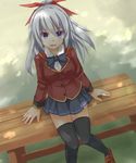  bench hair_ribbon highres himajin_(starmine) jacket original ponytail purple_eyes ribbon school_uniform silver_hair sitting skirt solo thighhighs tree_shade 