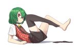  adapted_costume bad_id bad_twitter_id barefoot bow bowtie d@i expressionless feet full_body genderswap genderswap_(ftm) green_hair kazami_yuuka legs looking_at_viewer male_focus plaid plaid_vest red_eyes short_sleeves shorts simple_background single_thighhigh solo thighhighs touhou vest white_background 