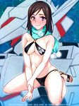  bare_legs blush breasts brown_hair highres izumi_rina kneeling long_hair looking_at_viewer medium_breasts navel o-ring o-ring_bottom o-ring_top phantasy_star phantasy_star_online_2 phantasy_star_online_2_the_animation pink_eyes sandals scarf smile solo soro_(pso2ta) swimsuit underboob urepito_honke wavy_mouth 