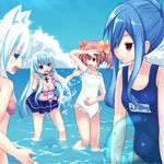  alyn_(fairy_fencer_f) animal_ears ball bare_shoulders beachball breasts cloud day effole_(fairy_fencer_f) fairy_fencer_f frills himajin_(starmine) karin_(fairy_fencer_f) long_hair medium_breasts multiple_girls ocean one-piece_swimsuit open_mouth red_eyes red_hair school_swimsuit skirt sky swimsuit tiara_(fairy_fencer_f) twintails white_hair white_swimsuit 