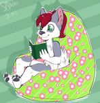  anthro book canine cub diaper dog green_eyes hair hindpaw husky kammypup kammypup_(artist) mammal paws reading red_hair young 