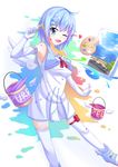 absurdres blue_eyes blue_hair canvas_(object) elbow_gloves gloves highres nugi_(armenci) one_eye_closed original paint_can paint_splatter short_hair solo thighhighs 