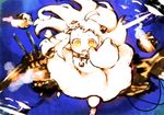  ahoge dress horns kantai_collection long_hair looking_at_viewer mittens northern_ocean_hime open_mouth orange_eyes shinkaisei-kan shinryou_rei solo white_dress white_hair white_skin 