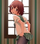  azeruma black_legwear brown_eyes brown_hair highres kantai_collection mutsuki_(kantai_collection) pantyhose pantyhose_pull short_hair solo window 