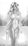  anthro breasts chanrom clothed clothing featureless_breasts feline female half-closed_eyes looking_at_viewer mammal monochrome navel open_shirt outside pussy smile solo tiger 