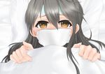  bandaged_head bandages bangs bed bed_sheet black_hair blush brown_eyes commentary face_mask from_above hair_between_eyes haruna_(kantai_collection) himeoka_yuki indoors kantai_collection long_hair lying mask nose_blush on_back pillow portrait raised_eyebrows sheet_grab sick solo surgical_mask tears under_covers 