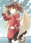  aircraft airplane brown_eyes brown_hair cloud cloudy_sky day e20 hand_on_hip kantai_collection long_hair magatama ocean ryuujou_(kantai_collection) scroll shikigami sky smile solo twintails visor_cap 