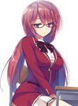  blazer blue_eyes desk glasses jacket long_hair official_art pleated_skirt red-framed_eyewear red_hair ribbon sakura_airi school_desk school_uniform sitting skirt solo table tomose_shunsaku transparent_background youkoso_jitsuryoku_shijou_shugi_no_kyoushitsu_e 