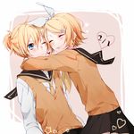  black_skirt blonde_hair blue_eyes brother_and_sister closed_eyes dated hair_ornament hair_ribbon hairclip hanasato_(okashino) heart highres hug kagamine_len kagamine_rin long_sleeves one_eye_closed ponytail ribbon school_uniform short_hair siblings skirt sweater_vest twins vocaloid white_ribbon 