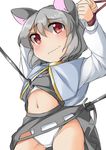  animal_ears blush bound bound_wrists capelet dowsing_rod fun_bo grey_hair long_sleeves midriff mouse_ears navel nazrin panties pantyshot pantyshot_(standing) red_eyes restrained shirt_lift skirt skirt_lift skirt_set skirt_tug solo standing touhou underwear upskirt wavy_mouth white_panties 