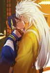  black_gloves blue_eyes blue_hair face-to-face gloves imminent_kiss japanese_clothes kogitsunemaru male_focus mikazuki_munechika multiple_boys red_eyes smile touken_ranbu white_hair yano_(404878) yaoi 