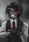  anthro canine chanrom facial_piercing looking_at_viewer male mammal nose_piercing piercing simple_background smile solo suit 