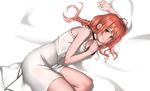  aconitea arm_up bad_id bad_pixiv_id braid breasts choker cleavage dress green_eyes lying on_side orange_hair original see-through single_braid small_breasts smile solo white_dress 